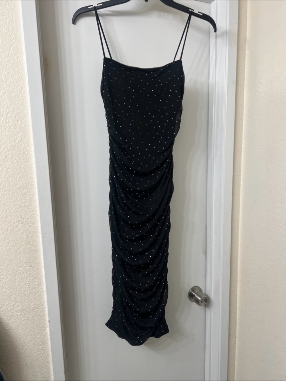 Black Spaghetti-Strap Ruched Maxi Dress with Silver Studs